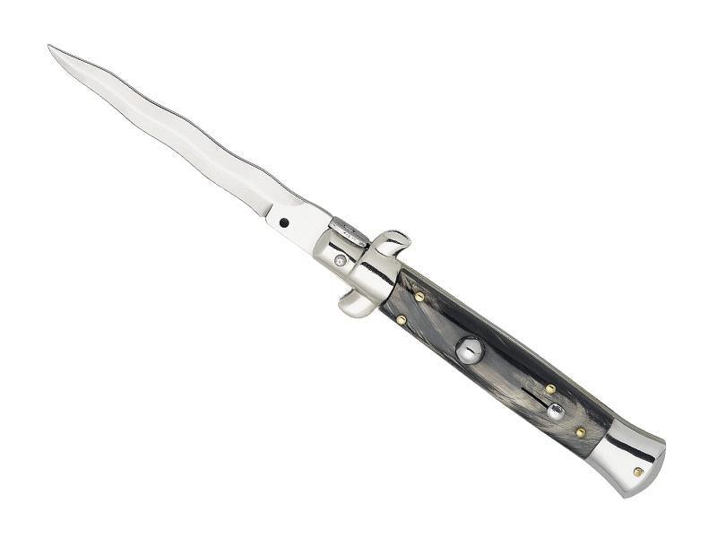 Automatic knife with horn handle and 12cm kriss blade